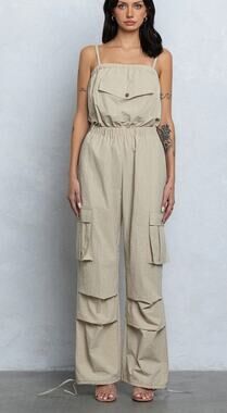 No Vacancy tube top parachute cargo jumpsuit tan beige jogger new small $78